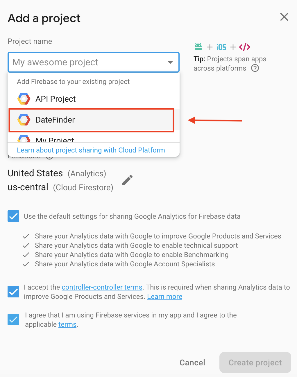 Firebase: create project