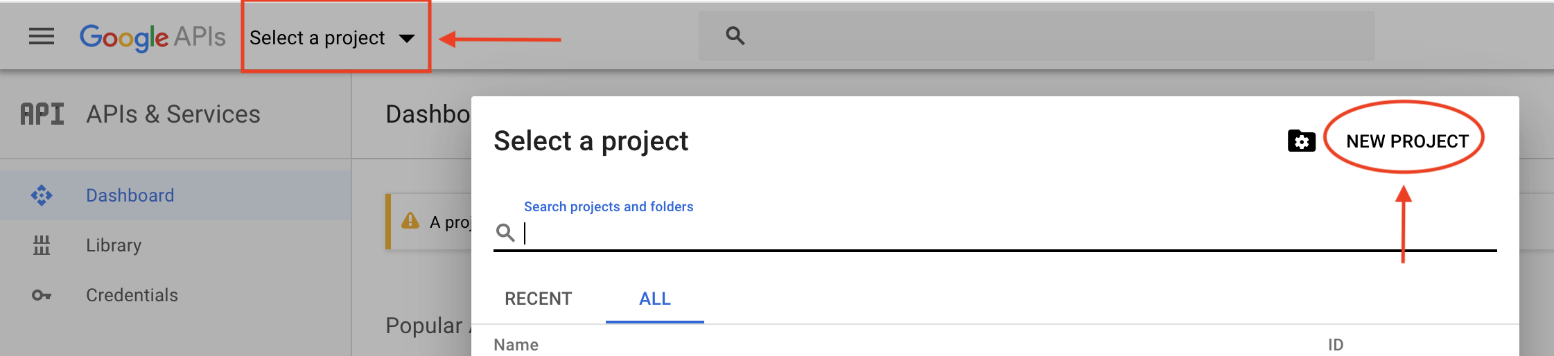 Google Console: create a project